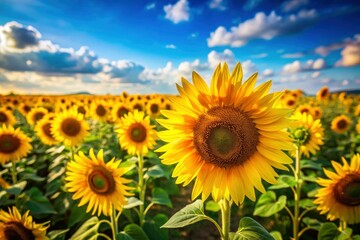 Fototapeta premium Stunning Tilt-Shift Sunflower Field, Blue Sky, Miniature Landscape, Summer Flowers, Nature Photography