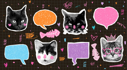 Cute vector halftone cat faces collage and doodle speech bubbles, fish bones fun kitty head quirky art graphic design elements