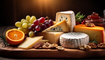 Assorted artisanal cheeses with fruits and nuts on a rustic wooden board
