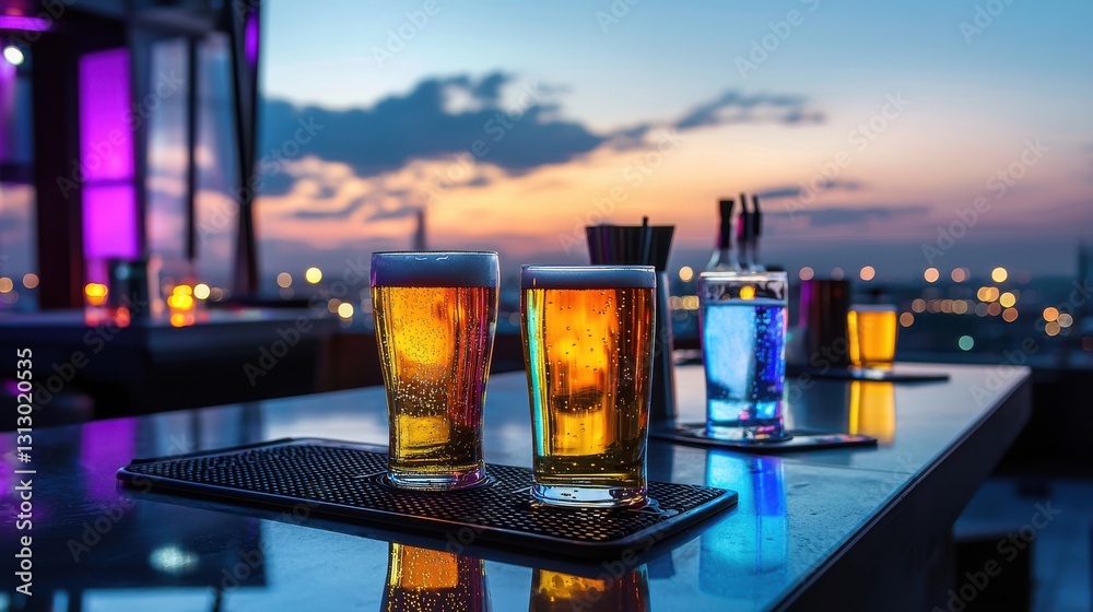 Aufkleber a bar with a view of the city skyline and a few drinks on a counter