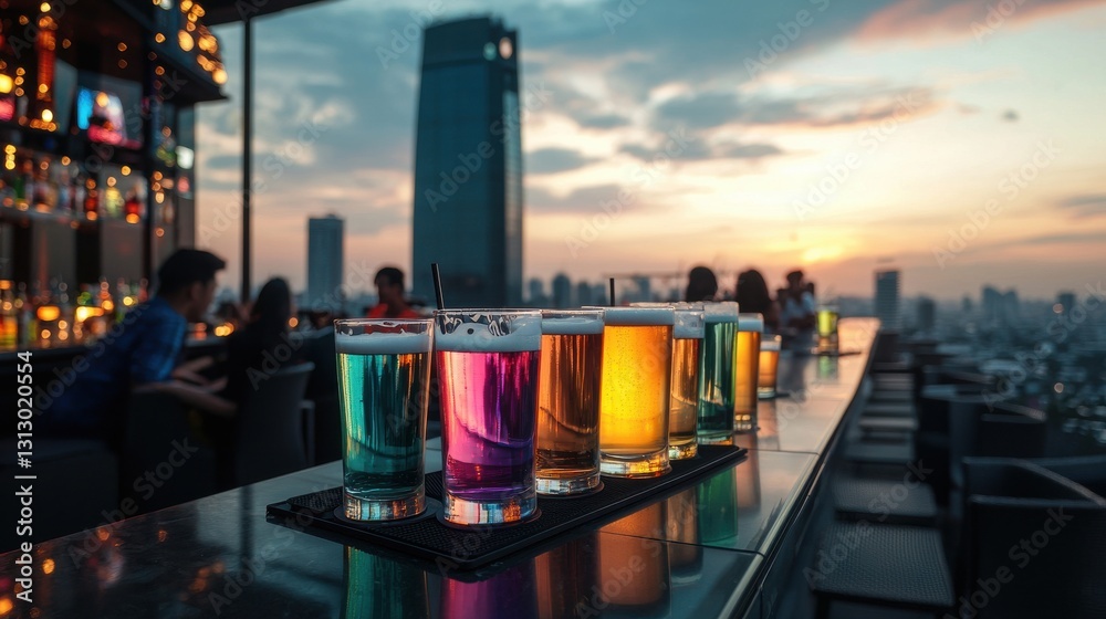 Poster a group of colorful glasses of beer on a bar counter