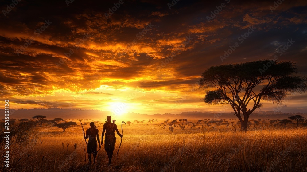 Poster two people walking in a field with a sunset in the background