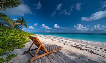 Wooden Beach Chair on Tropical Shore Under a Blue Sky