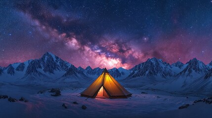 Snowy Mountain Tent Under Milky Way