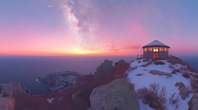 Snowy mountaintop cabin at dawn with Milky Way