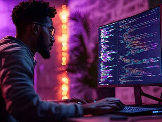 Man concentrating intently while working on computer for debugging code tasks and solving technical challenges