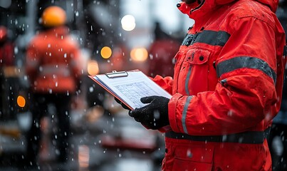 Worker in Red Jacket Reviewing Documents Outdoors in Snowy City