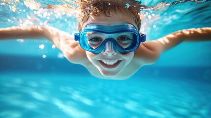 Fototapeta premium A young boy is swimming in a pool wearing goggles and a blue swim cap