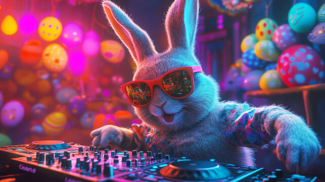 Cute and cool Easter bunny with sunglasses playing music as a DJ at a party club or a disco.