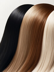 Fototapeta premium Luxurious hair strands black white blonde brown intertwined close up smooth silky texture natural shine beauty advertisement professional salon aesthetic haircare photography macro shot care soft