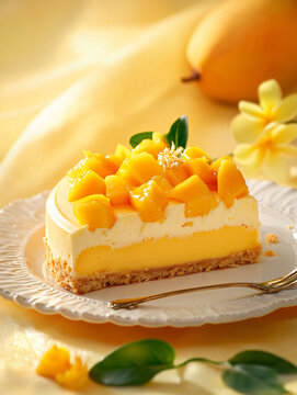 Delicious mango mousse cake fresh berries soft yellow background layered sponge creamy frosting juicy fruit vibrant composition gourmet dessert photography bright summer aesthetic high quality menu