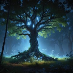 Fototapeta premium Overgrown trees with soft blue light emanating from knots, whimsical woods, mystifying foliage