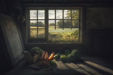 Rustic Farmhouse Interior With Vegetables And Window View