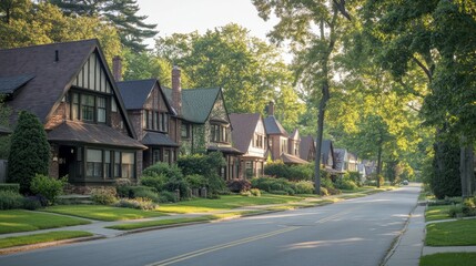 Classic suburban neighborhood with tree-lined streets, neatly kept homes, and community parks 