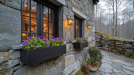 Stone house exterior, illuminated windows, flower boxes, pathway