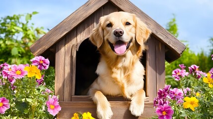 Golden Retriever Dog in Wooden Dog House Surrounded by Flowers