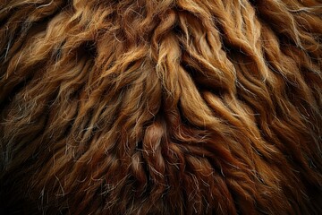 Naklejka premium Close up of brown curly fur texture showing natural wavy pattern and multiple shades of golden brown coloring. Macro photography reveals intricate hair details.