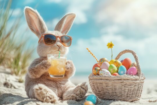 Cool easter bunny with sunglasses, a cocktail and easter eggs on the beach. Funny and cute easter concept. Happy Easter!