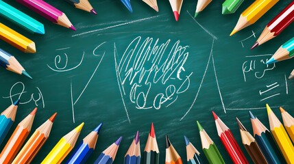 Colorful school background with vibrant colored pencils and playful hand-drawn sketch elements, perfect for educational designs, back-to-school themes, classroom decorations, and creative learning ill