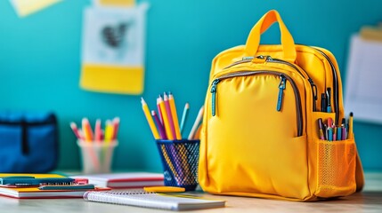 Back to school concept with stylish backpack and assorted stationery on light background, featuring notebooks, pencils, ruler, and colorful school supplies for education and study themes
