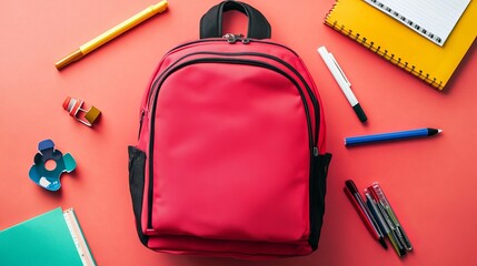 Back to school concept with stylish backpack and assorted stationery on light background, featuring notebooks, pencils, ruler, and colorful school supplies for education and study themes