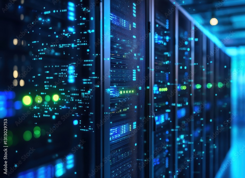 Poster futuristic data center with visualized network connections and glowing server racks in a high-tech e