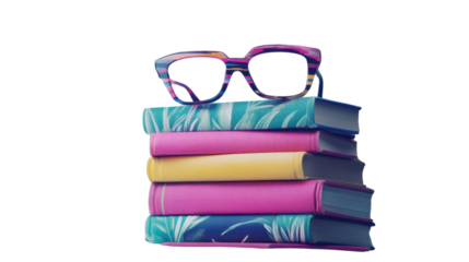 stack of books and glasses isolated on white background