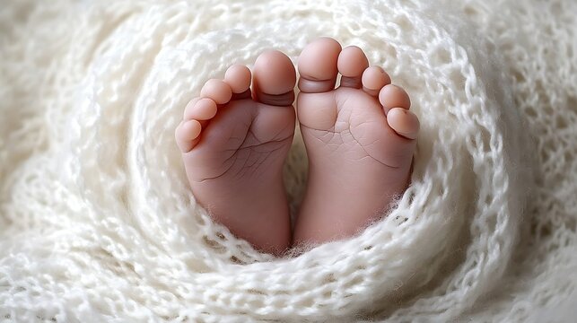 Newborn Baby's Feet in Soft White Knit Blanket