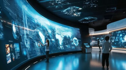 Modern interactive technology displays with people interacting and exploring