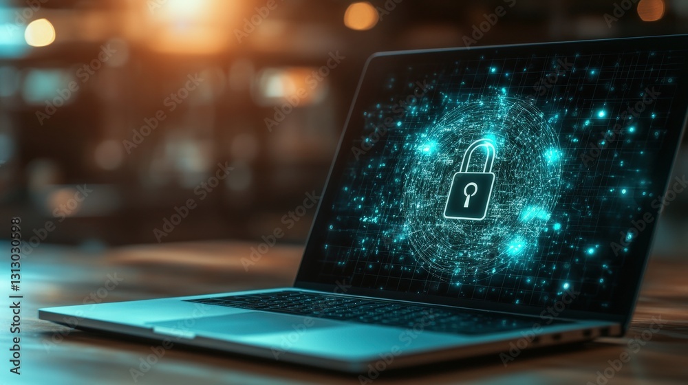 Poster laptop displaying a security padlock symbolizing advanced protection and encryption for digital data