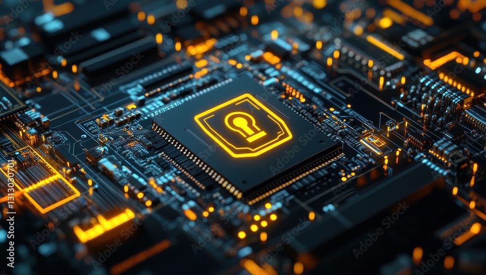 Wall mural futuristic digital circuit board design featuring illuminated security chip symbolizing technology p