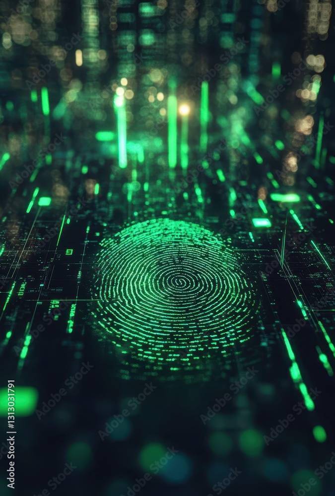 Poster futuristic digital fingerprint with neon green patterns on data circuit background representing cybe