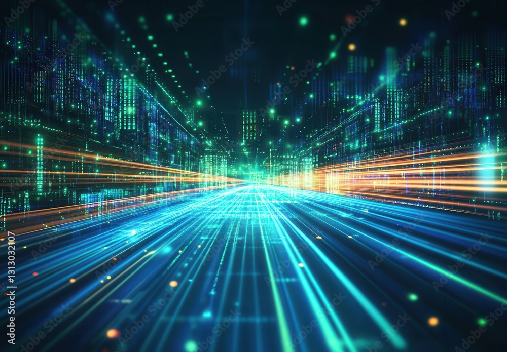 Poster futuristic digital landscape with bright lights and data flow creating a sense of speed and technolo
