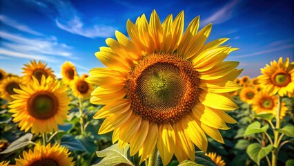 Fototapeta premium Vibrant Sunflower Closeup, Summer Blooms, Blue Sky, High Depth of Field Photography