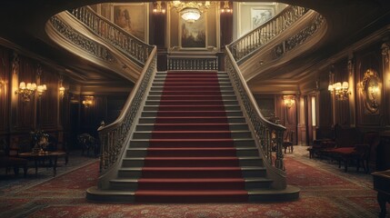 Obraz premium A grand ornate staircase with a red carpet and elegant decor