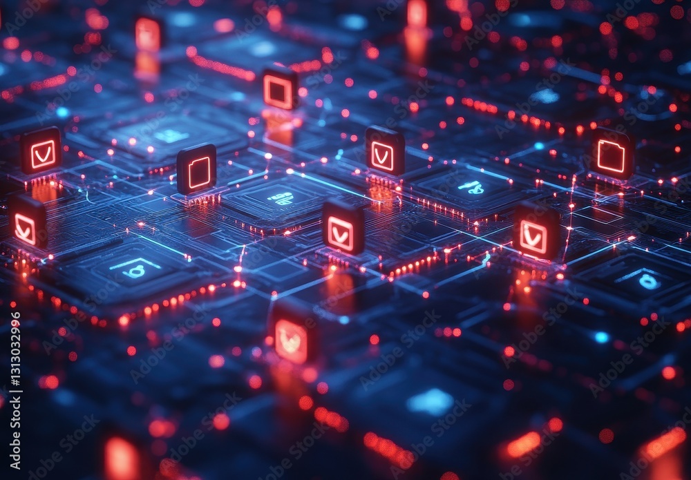 Poster futuristic digital network visualization with red and blue lights on circuit board pattern for techn