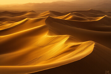 Wavy sand dunes with gentle shadows under a golden horizon