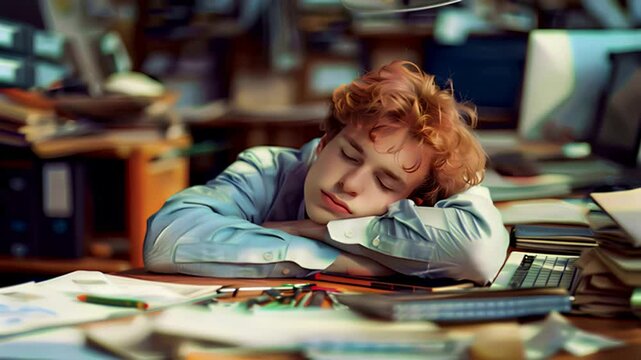 会社の机で居眠りをする若い男性