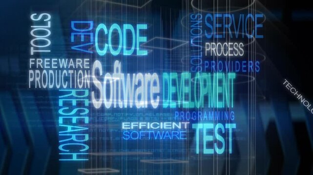 Animation of software development keywords floating over digital technology background
