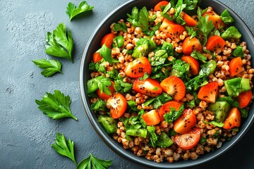 Vibrant Strawberry Kiwi Bulgur Salad in a Dark Grey Bowl