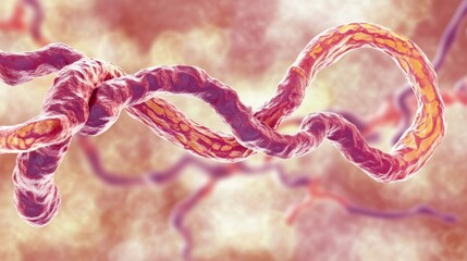Close-up of Ebola virus, twisting in a blurry cellular background