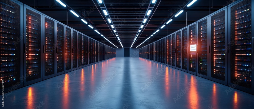Poster high-tech server room with multiple rows of servers indicating advanced cybersecurity infrastructure