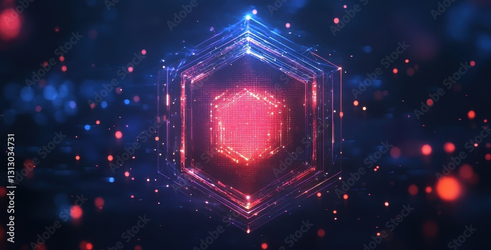 Poster futuristic hexagonal digital background with glowing red and blue particles, creating an abstract sc