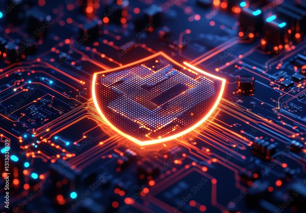 Poster futuristic network security concept with neon shield and circuit board background representing cyber
