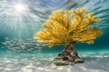 Vibrant Yellow Coral Reef with School of Fish Under Bright Sunlight