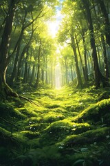 Fototapeta premium Fresh green moss under the shade of trees