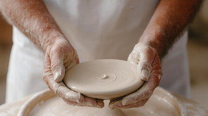 Elderly caucasian male potter shaping clay on pottery wheel with skilled hands