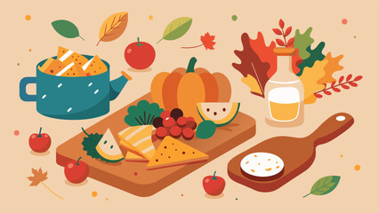 The Bountiful Harvest Snack Board celebrates the abundance of fall featuring roasted vegetables tangy cranberry relish savory chicken salad and hearty. Vector illustration