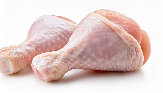 two raw chicken drumsticks isolated on white background