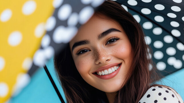 Young hispanic female smiling under polka dot umbrella on a sunny day